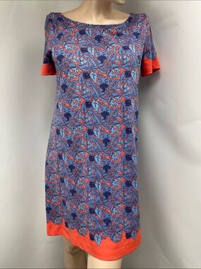 Tory Burch Blue and Coral Paisley Short Sleeve Shift Dress, Size M